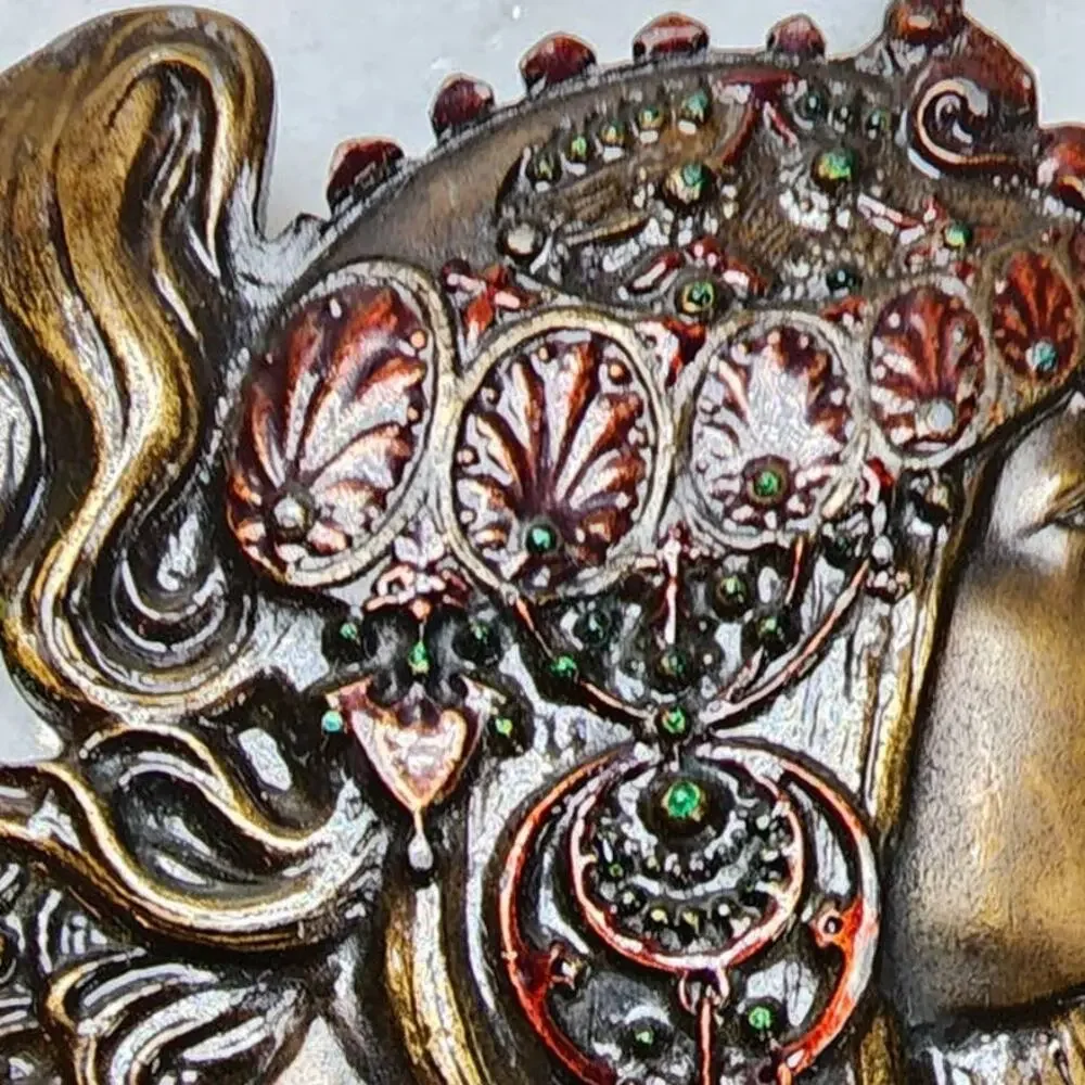 Vintage 1970s Alphonse Mucha Bergamot Brass Works Gypsy Boho Belt Buckle
